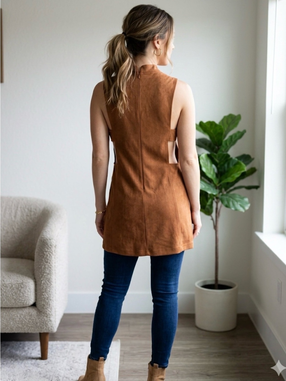 Cotton Candy Sleeveless Faux-Suede Tunic in Cognac
